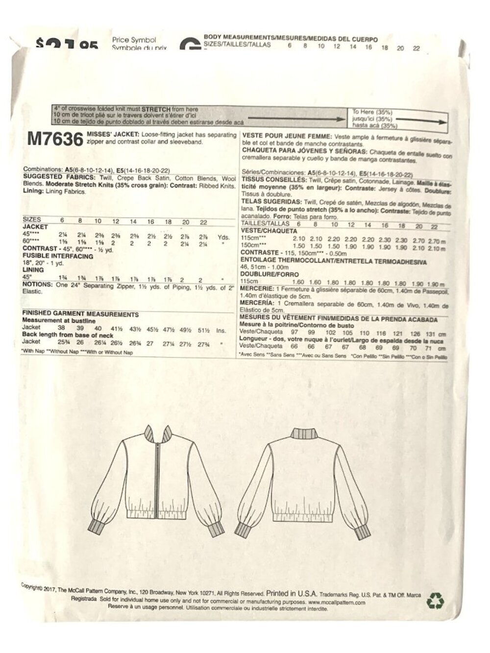 McCall's M7636 Pattern Misses Jacket Loose Fitting Uncut Size 6 8 10 12 14 - Picture 2 of 3